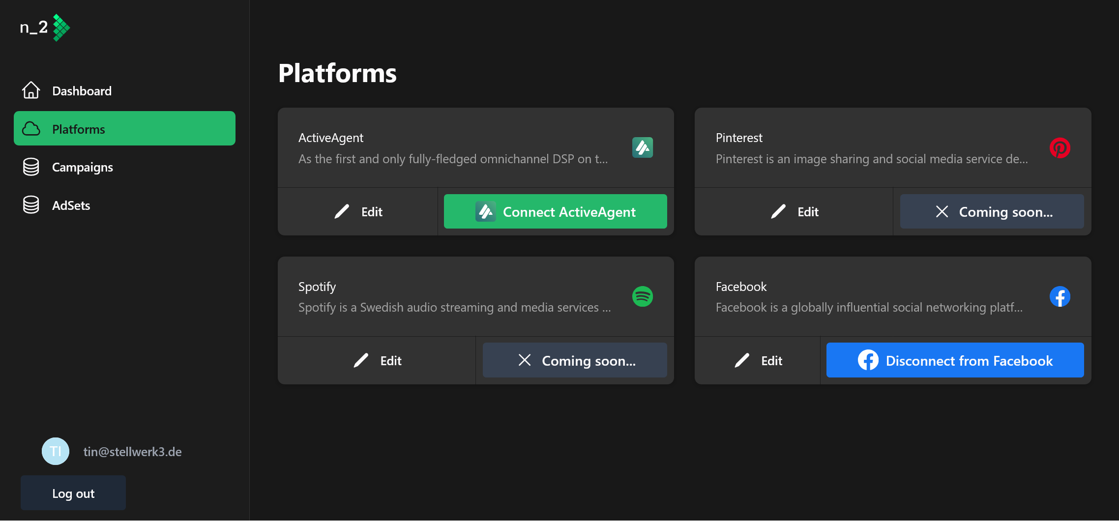 Facebook connected in the dashboard