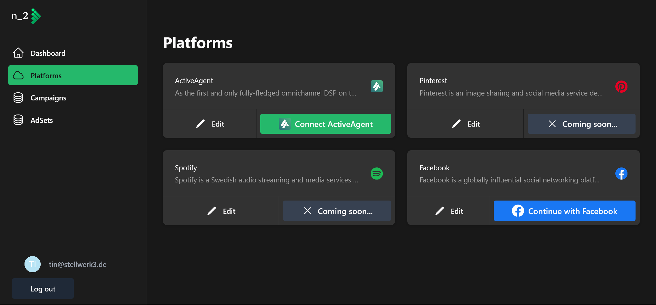 Platforms tab in the dashboard